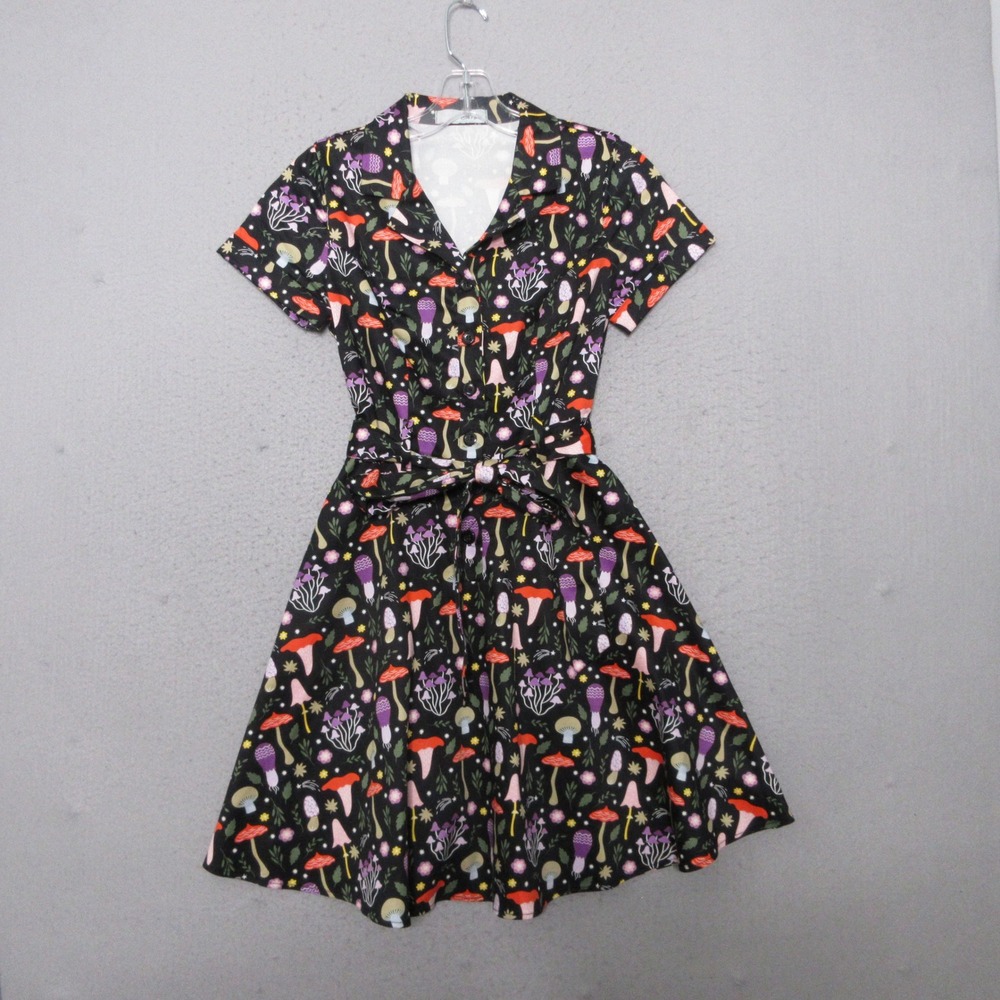 Eva Rose Dress‎ Mushroom Fit Flare Black Retro Mod Belted Novelty Forest Quirky